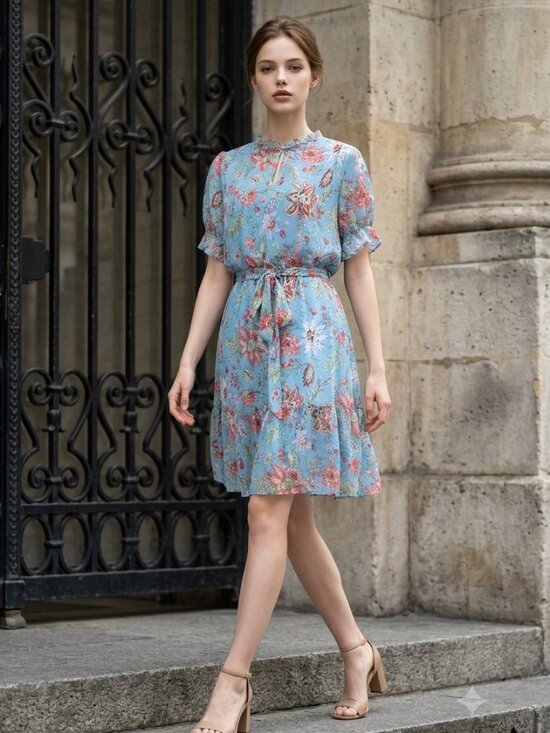 LOFT Dresses & Skirts - LOFT Blue Floral Tie Waist Mini Dress Boho Romantic Size S